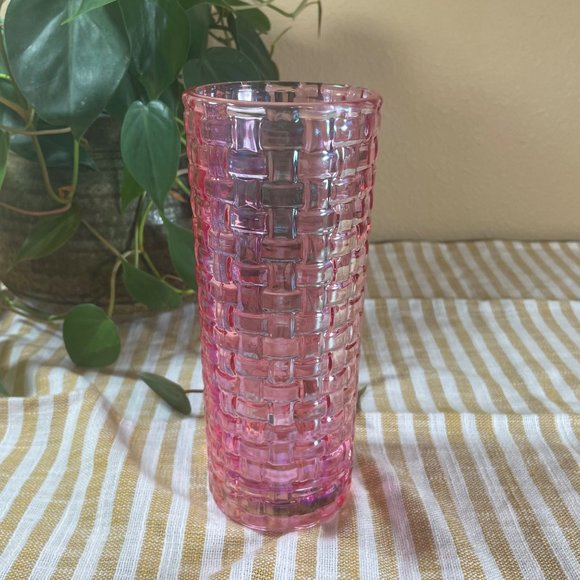 Vintage Crystal Glass Basket Weave Bossa Nova Pink Vase - Picture 3 of 6